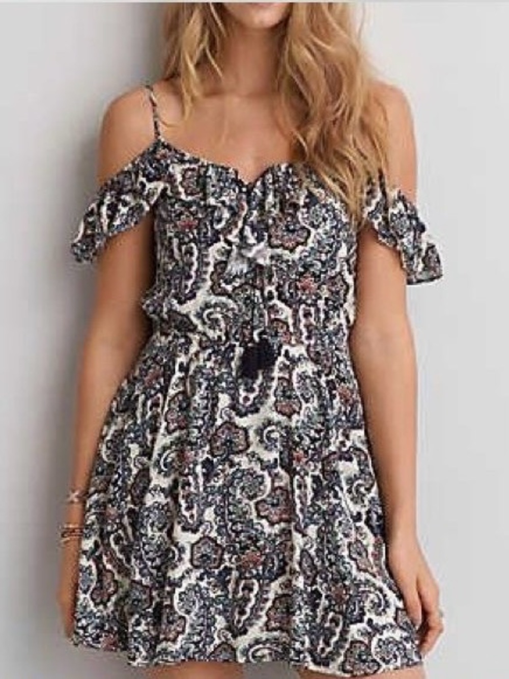 American Eagle Cold-Shoulder Paisley Mini Dress with tassel detail